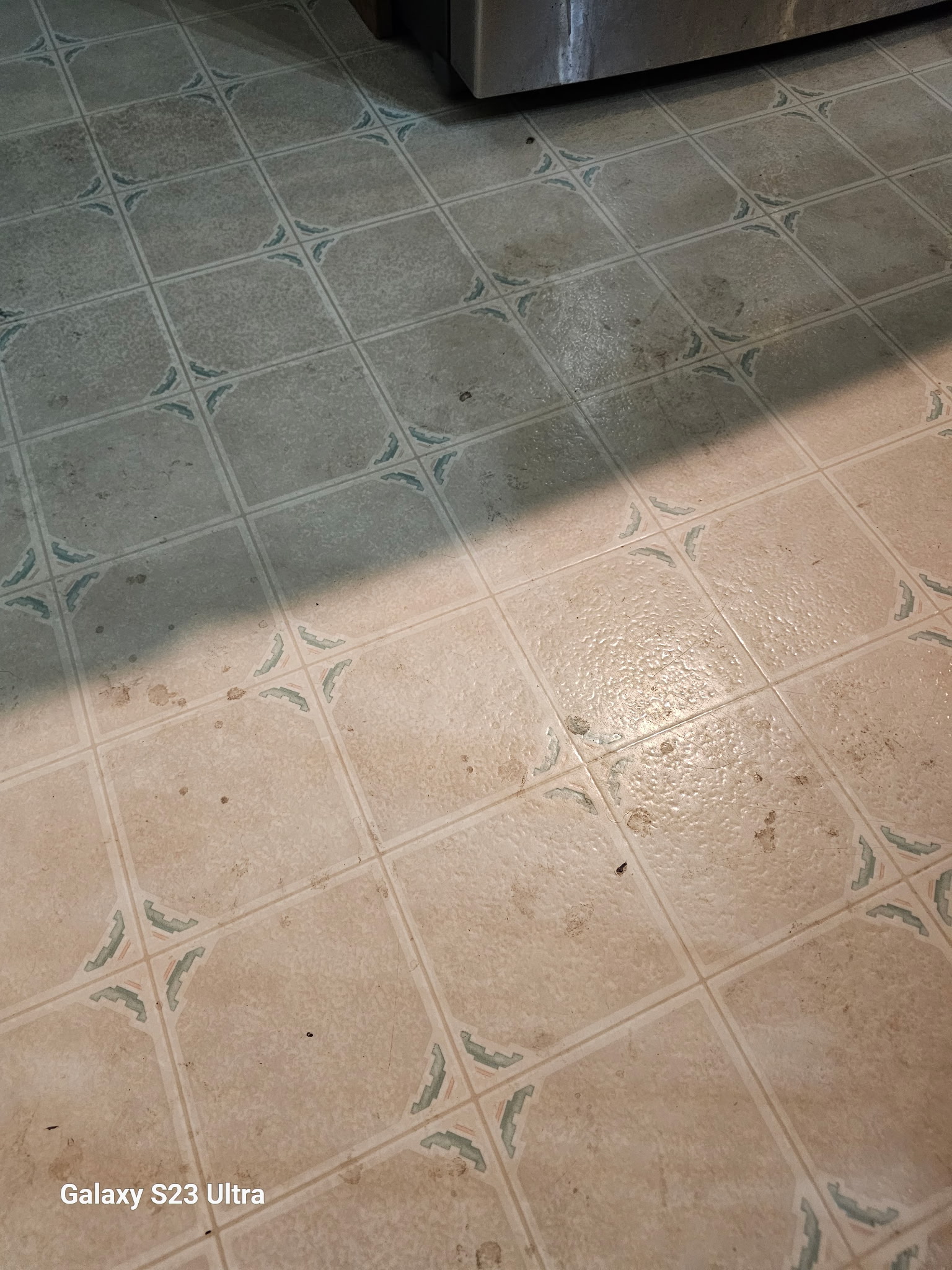 Soiled kitchen floor tiles before a thorough clean